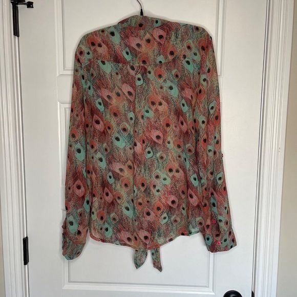 Kut From The Kloth Women's Peacock Print Semi-Sheer Tie Button Up Shirt‎ Size L - Picture 2 of 11
